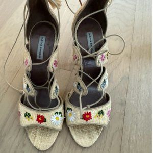 Tabitha Simmons Raffia embroidered high heel sandals size 39